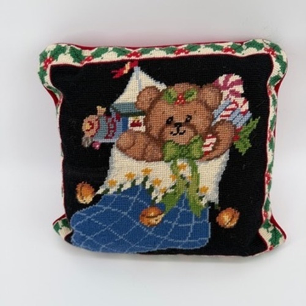 Vintage Needlepoint Christmas Pillow Teddy Bear in Stocking Holiday‎ Decor